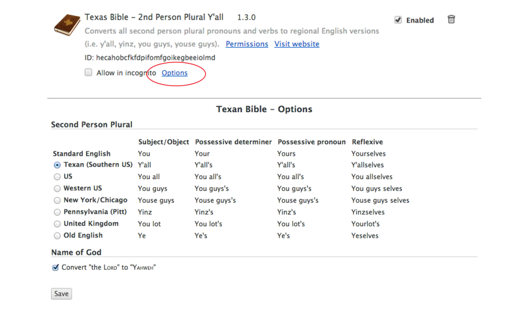 Texas Bible - Options